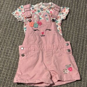 Little Lass Pink Floral Bunny Overalls